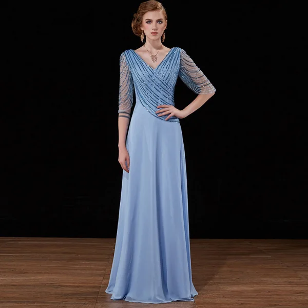 Luxury / Gorgeous Burgundy Handmade Beading Evening Dresses 2019 A-Line / Princess Sequins V-Neck Backless 3/4 Sleeve Floor-Length / Long Formal Dresses