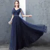 Chic / Beautiful Navy Blue Evening Dresses  2018 A-Line / Princess Lace Sequins V-Neck Backless 1/2 Sleeves Floor-Length / Long Formal Dresses