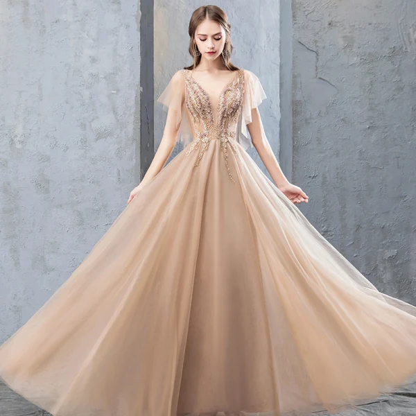 Elegant Champagne Evening Dresses  2019 A-Line / Princess Lace Flower Appliques Rhinestone Sequins V-Neck Short Sleeve Backless Floor-Length / Long Formal Dresses