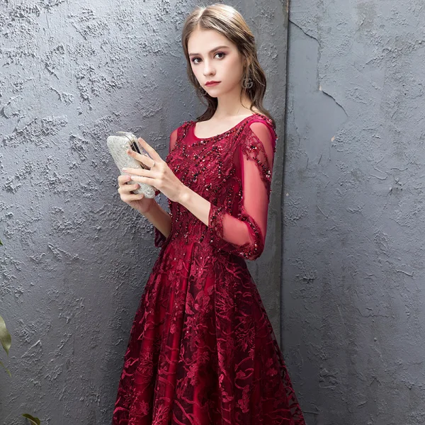 Luxury / Gorgeous Burgundy Evening Dresses  2019 A-Line / Princess Lace Beading Crystal Sequins Scoop Neck Backless 3/4 Sleeve Court Train Formal Dresses