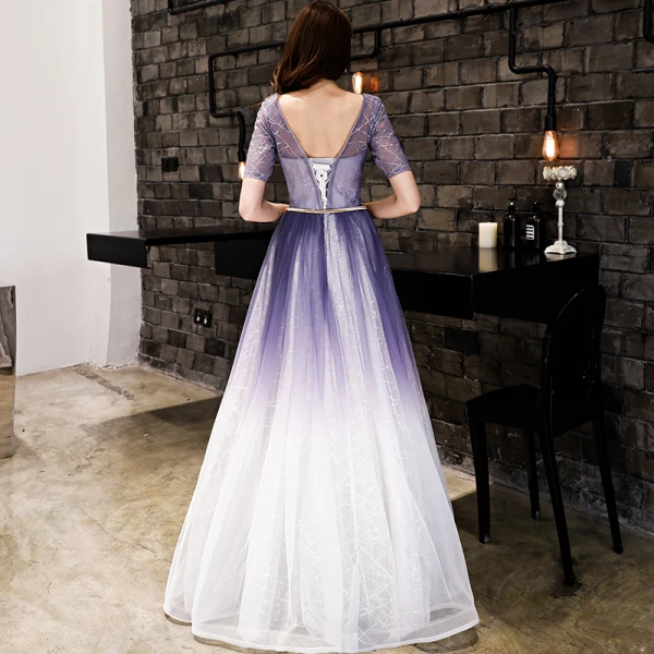 Modern / Fashion Gradient-Color Evening Dresses  2019 A-Line / Princess Beading Sequins Metal Sash Scoop Neck Short Sleeve Backless Floor-Length / Long Formal Dresses