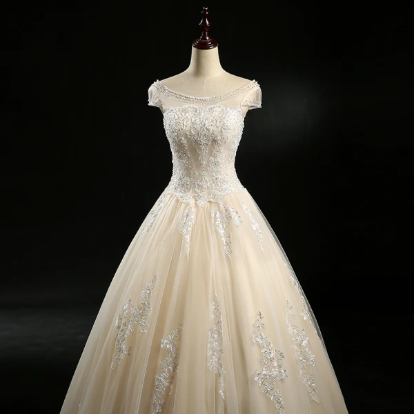 Chic / Beautiful Champagne Wedding Dresses 2018 Ball Gown Beading Sequins Scoop Neck Short Sleeve Floor-Length / Long Wedding