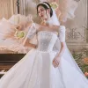 Modest / Simple High-end White Glitter Wedding Dresses 2021 Ball Gown Scoop Neck Short Sleeve Backless Bow Royal Train Wedding