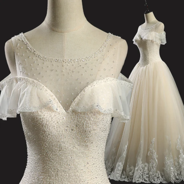 Chic / Belle Champagne Robe De Mariée 2018 Princesse Perlage Paillettes Dos Nu Encolure Dégagée Sans Manches Longue Mariage