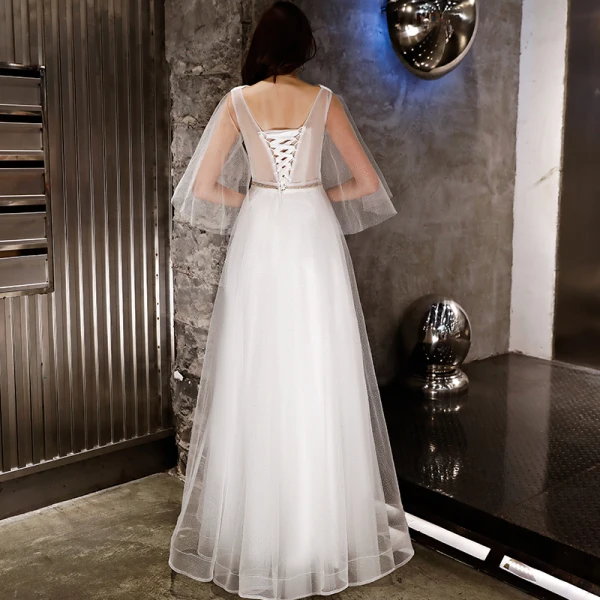 Modern / Fashion Ivory Evening Dresses 2019 A-Line / Princess Rhinestone Sash Glitter V-Neck Backless 1/2 Sleeves Floor-Length / Long Formal Dresses
