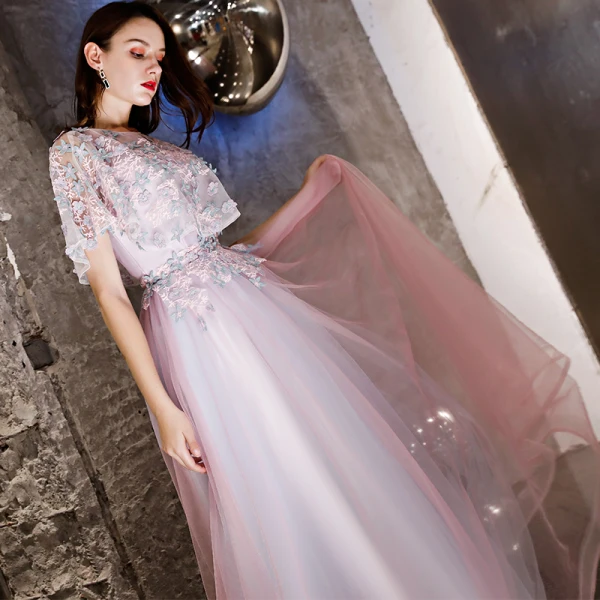 Chic / Beautiful Blushing Pink Evening Dresses 2019 A-Line / Princess Appliques Lace Scoop Neck Short Sleeve Floor-Length / Long Formal Dresses