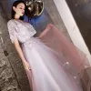 Chic / Beautiful Blushing Pink Evening Dresses  2019 A-Line / Princess Appliques Lace Scoop Neck Short Sleeve Floor-Length / Long Formal Dresses
