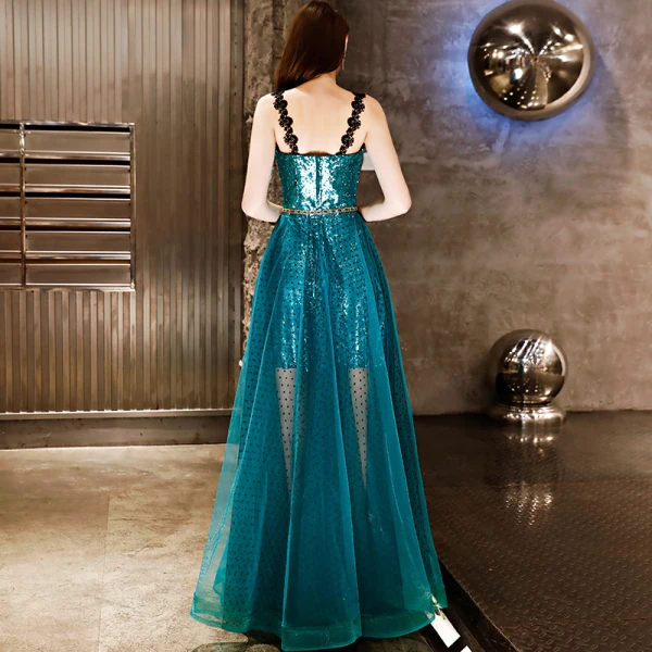 Charmant Bleu D'encre Robe De Soirée 2019 Princesse Tachetée Métal Ceinture Paillettes En Dentelle Bretelles Spaghetti Sans Manches Dos Nu Longue Robe De Ceremonie