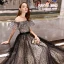 Elegant Black Spotted Prom Dresses 2019 A-Line / Princess Off-The-Shoulder Short Sleeve Backless Floor-Length / Long Formal Dresses