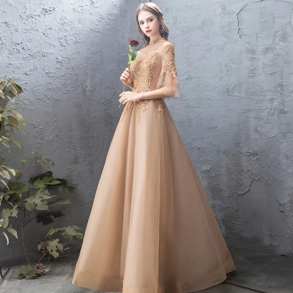 Elegant Gold Evening Dresses 2019 A-Line / Princess Lace Beading Crystal High Neck Backless 1/2 Sleeves Floor-Length / Long Formal Dresses