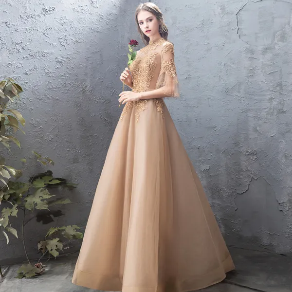 Elegant Gold Evening Dresses 2019 A Line Princess Lace Beading Crystal High Neck Backless 1 2 Sleeves Floor Length Long Formal Dresses