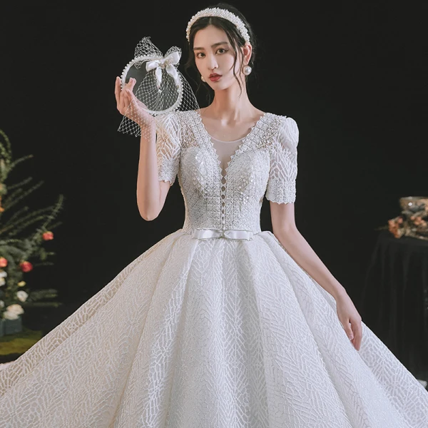 Luxury / Gorgeous White Wedding Dresses 2021 Ball Gown Scoop Neck Beading Pearl Rhinestone Bow Short Sleeve Backless Royal Train Wedding