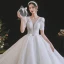 Luxury / Gorgeous White Wedding Dresses 2021 Ball Gown Scoop Neck Beading Pearl Rhinestone Bow Short Sleeve Backless Royal Train Wedding