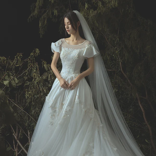 Modern / Fashion Ivory Wedding Dresses 2019 A-Line / Princess Lace Appliques Beading Pearl Sequins Scoop Neck Backless Short Sleeve Royal Train