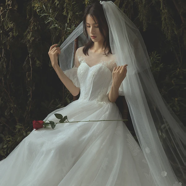 Elegant Ivory Wedding Dresses 2019 A-Line / Princess Lace Pearl Scoop Neck 1/2 Sleeves Cathedral Train