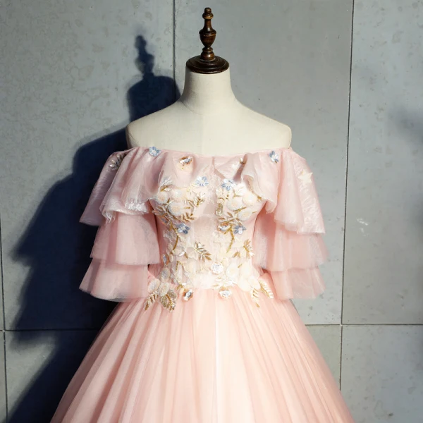Chic / Beautiful Pearl Pink Prom Dresses 2019 Ball Gown Appliques Lace Off-The-Shoulder 1/2 Sleeves Backless Floor-Length / Long Formal Dresses