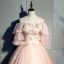Chic / Beautiful Pearl Pink Prom Dresses 2019 Ball Gown Appliques Lace Off-The-Shoulder 1/2 Sleeves Backless Floor-Length / Long Formal Dresses