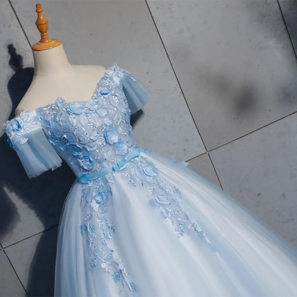 Elegant Sky Blue Prom Dresses 2019 Ball Gown Lace Appliques Bow Off-The-Shoulder Backless Short Sleeve Floor-Length / Long Formal Dresses