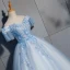 Elegant Sky Blue Prom Dresses 2019 Ball Gown Lace Appliques Bow Off-The-Shoulder Backless Short Sleeve Floor-Length / Long Formal Dresses