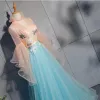 Amazing / Unique Pool Blue Evening Dresses  2019 A-Line / Princess Lace Pearl Sequins High Neck Long Sleeve Backless Floor-Length / Long Formal Dresses
