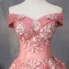 Piękne Arbuz Sukienki Na Bal 2019 Princessa Aplikacje Z Koronki Perła Przy Ramieniu Bez Pleców Kótkie Rękawy Krótkie Sukienki Wizytowe