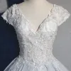 Elegant Silver Prom Dresses 2019 Ball Gown Lace Beading Pearl Sequins V-Neck Backless Short Sleeve Floor-Length / Long Formal Dresses