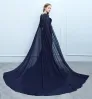 Modern / Fashion Navy Blue Evening Dresses  2019 Trumpet / Mermaid Suede Beading Sequins Scoop Neck Sleeveless Watteau Train Formal Dresses