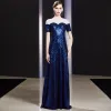 Sparkly Royal Blue Evening Dresses  2019 A-Line / Princess Sequins Scoop Neck Short Sleeve Floor-Length / Long Formal Dresses