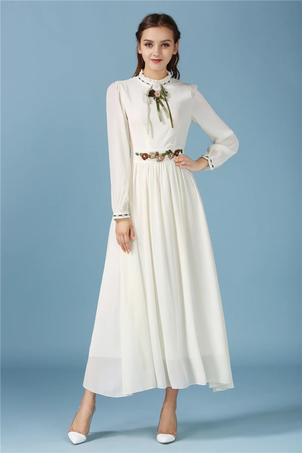 Modern / Fashion Beige Dating Maxi Dresses 2019 A-Line / Princess Embroidered Scoop Neck Long Sleeve Tea-length Womens Clothing