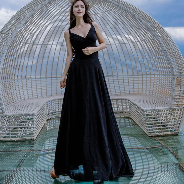 Sexy Black Honeymoon Maxi Dresses 2019 Spaghetti Straps Sleeveless Backless Floor-Length / Long Womens Clothing