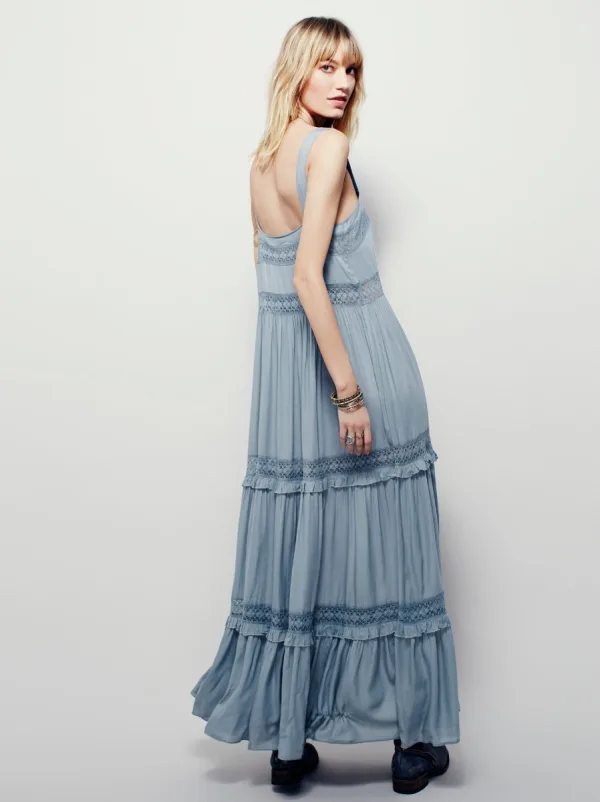 Simple Bleu Ciel Désinvolte Robes longues 2019 Volants Bretelles Spaghetti Sans Manches Dos Nu Longueur Cheville Vêtements Femme