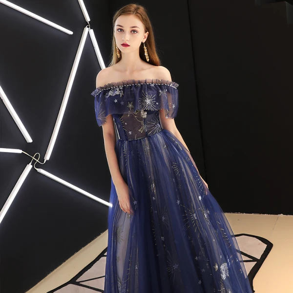 Moderne / Mode Bleu Roi Robe De Soirée 2019 Princesse Perlage Glitter Paillettes De l'épaule Dos Nu Manches Courtes Longue Robe De Ceremonie