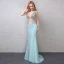 Sexy Bleu Robe De Soirée 2019 Trompette / Sirène Transparentes Paillettes Faux Diamant V-Cou Dos Nu Sans Manches Train De Balayage Robe De Ceremonie