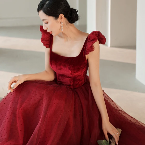 Chic / Beautiful Burgundy Suede Spotted Prom Dresses 2021 A-Line / Princess Square Neckline Sleeveless Backless Floor-Length / Long Prom Formal Dresses