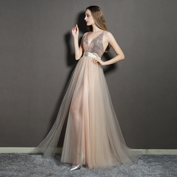 Sexy Black Evening Dresses 2019 A-Line / Princess Rhinestone Sequins V-Neck Sleeveless Plunging Cross-Back Backless Floor-Length / Long Formal Dresses