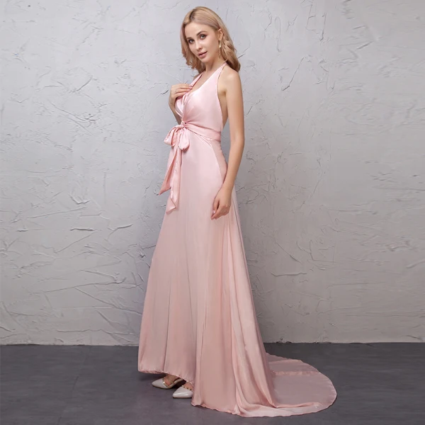Abordable Rougissant Rose Robe De Soirée 2019 Princesse Noeud Titulaire Sans Manches Dos Nu Tribunal Train Robe De Ceremonie