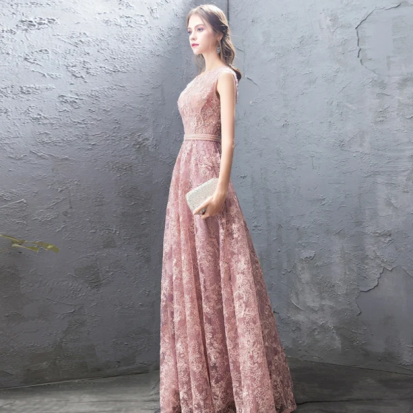 Chic / Beautiful Pearl Pink Evening Dresses  2019 A-Line / Princess Lace Beading Rhinestone Sequins Scoop Neck Sleeveless Floor-Length / Long Formal Dresses