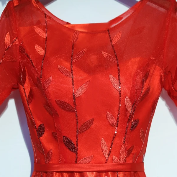 Chic / Beautiful Red Formal Dresses Evening Dresses 2017 Lace Flower Sequins Scoop Neck 1/2 Sleeves Ankle Length A-Line / Princess