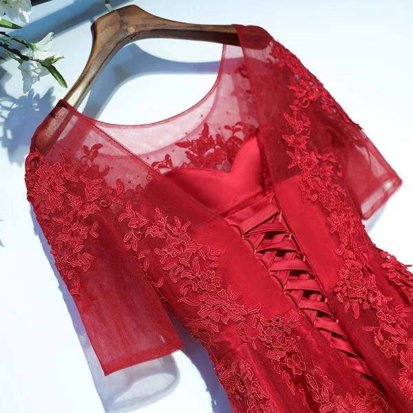 Chic / Beautiful Red Evening Dresses Formal Dresses 2017 Lace Flower Backless 1/2 Sleeves Scoop Neck Floor-Length / Long A-Line / Princess