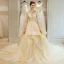 Vintage / Originale Champagne Robe De Mariée 2018 Princesse Dos Nu En Dentelle Fleur Volants en Cascade Col Haut 3/4 Manches Cathedral Train Mariage