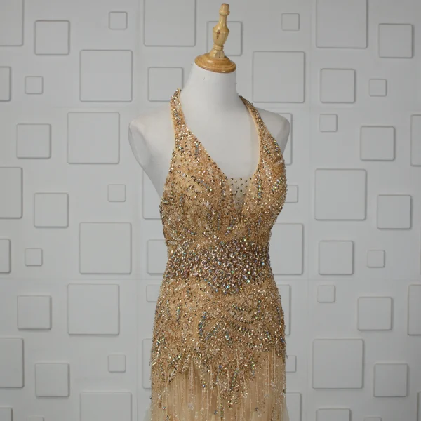 Luxe Champagne Fait main Perlage Robe De Soirée 2019 Trompette / Sirène Cristal Paillettes Faux Diamant Gland Titulaire Sans Manches Dos Nu Longue Robe De Ceremonie