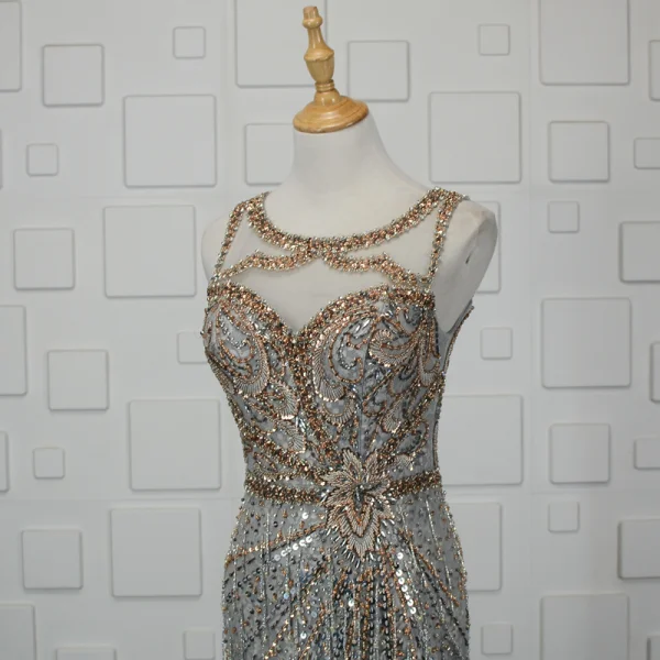 Luxury / Gorgeous Silver Handmade  Beading Evening Dresses  2019 Trumpet / Mermaid Crystal Sequins Rhinestone Tassel Scoop Neck Sleeveless Sweep Train Formal Dresses