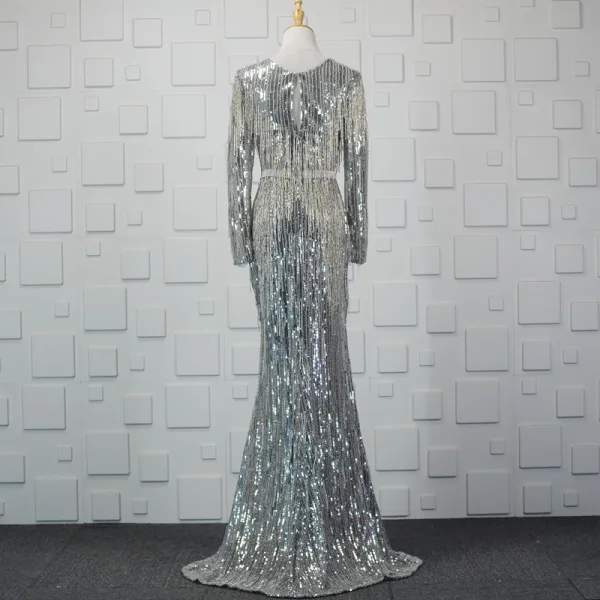 Luxe Scintillantes Argenté Fait main Perlage Robe De Soirée 2019 Trompette / Sirène Cristal Paillettes Gland V-Cou Manches Longues Dos Nu Train De Balayage Robe De Ceremonie