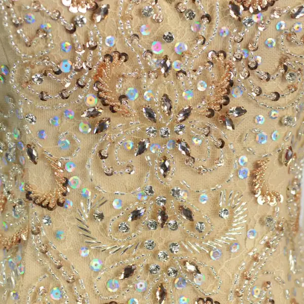 Luxury / Gorgeous Champagne Handmade Beading Evening Dresses 2019 Trumpet / Mermaid Crystal Rhinestone Sequins Scoop Neck Bell sleeves Sweep Train Formal Dresses
