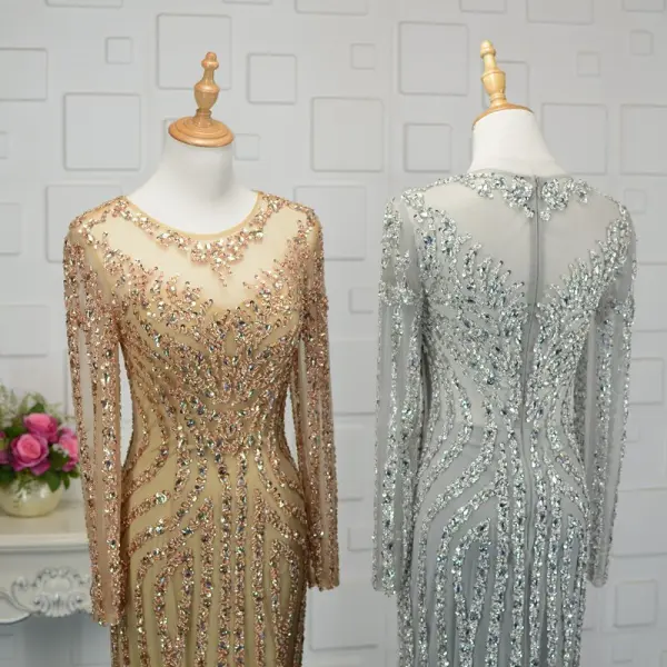 Luxury / Gorgeous Champagne Handmade Beading Evening Dresses 2019 Trumpet / Mermaid Crystal Sequins Scoop Neck Long Sleeve Sweep Train Formal Dresses