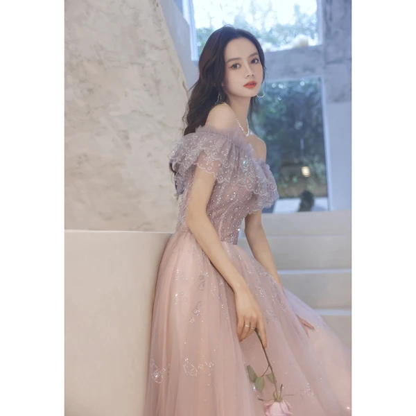 Charmant Violet Gris Robe De Soirée 2021 Princesse De l'épaule Perlage Perle Faux Diamant Manches Courtes Dos Nu Train De Balayage Robe De Ceremonie
