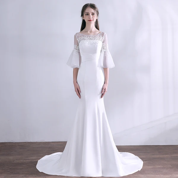 Amazing / Unique White Wedding Dresses 2018 Trumpet / Mermaid Appliques Scoop Neck Backless 3/4 Sleeve Wedding