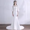 Amazing / Unique White Wedding Dresses 2018 Trumpet / Mermaid Appliques Scoop Neck Backless 3/4 Sleeve Wedding