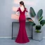 Chic / Beautiful Burgundy Evening Dresses  2019 Trumpet / Mermaid Crystal V-Neck Sleeveless Backless Floor-Length / Long Formal Dresses