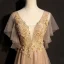 Elegant Champagne Prom Dresses 2019 A-Line / Princess Lace Appliques Beading Crystal V-Neck Short Sleeve Backless Floor-Length / Long Formal Dresses